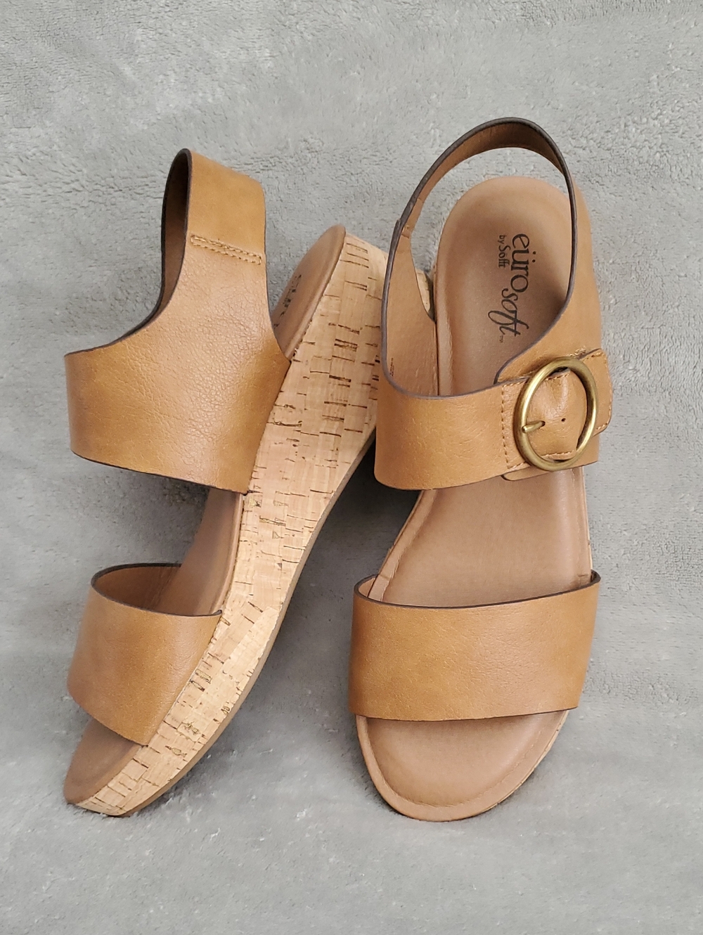 🆕 EUROSOFT Finnly Tan Faux Leather Cork Platform Wedge Sandals SIZE: 9½M